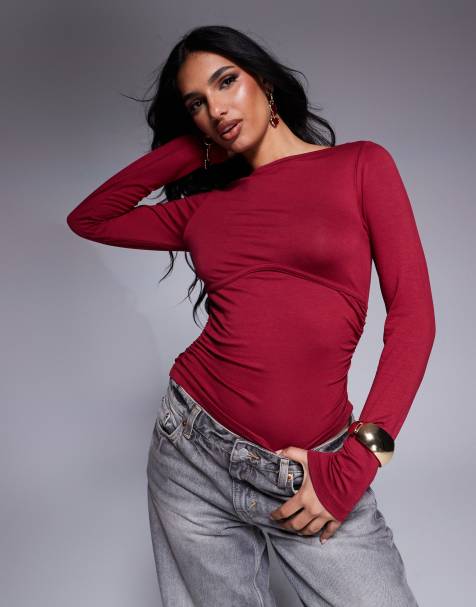 ASOS DESIGN – Langärmliges Oberteil in Beerenrot mit Unterbrustdetail und Raffung - view 1