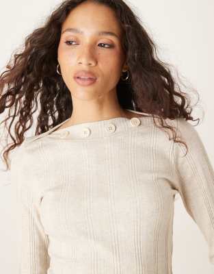ASOS DESIGN - Langärmliges Oberteil in Cremeweiß mit breitem Rippenmuster und Knopfdetail-Neutral