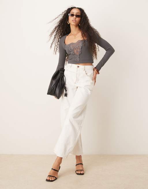 ASOS DESIGN – Langärmliges Oberteil in Dunkelgrau mit Spitzeneinsatz