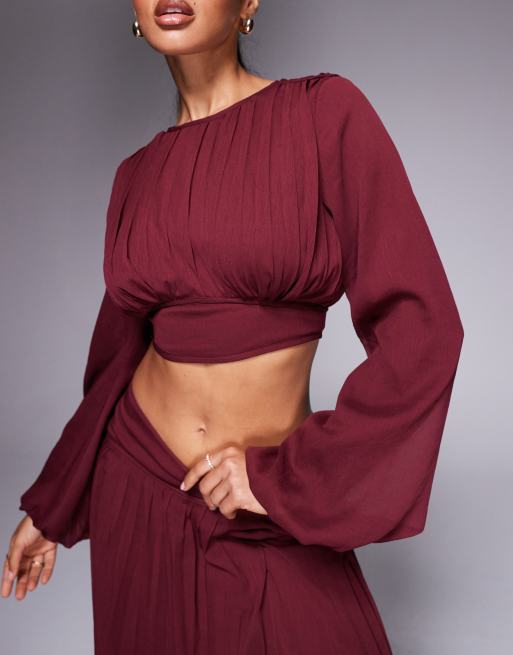 ASOS DESIGN – Langärmliges Oberteil in dunklem Kirschrot mit plissiertem Taillendetail, Kombiteil, 4 von 4