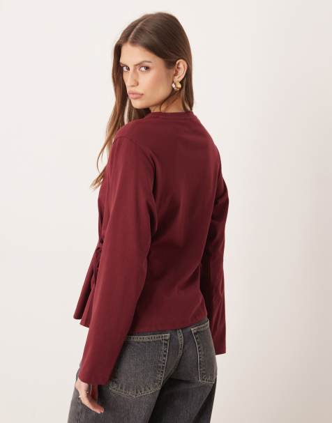 ASOS DESIGN – Langärmliges Oberteil in dunklem Kirschrot mit Taillenschnürung - view 1
