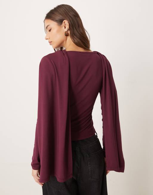 ASOS DESIGN – Langärmliges Oberteil in Feigenrot mit drapiertem Schaldetail, 4 von 4
