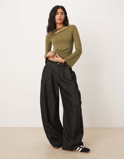 ASOS DESIGN – Langärmliges Oberteil in Khaki mit Zierausschnitt und Baumwollhaptik, 3 von 4