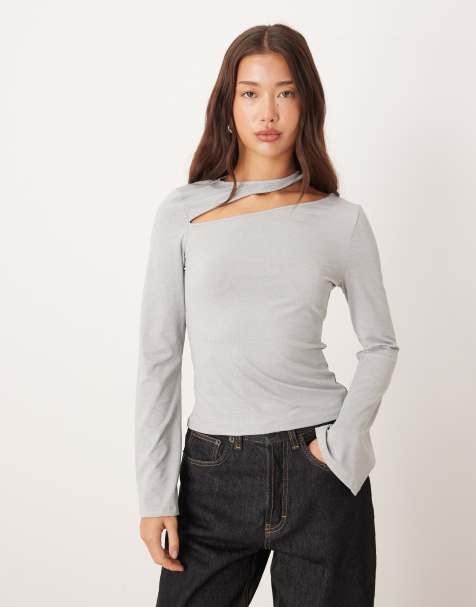 ASOS DESIGN – Langärmliges Oberteil in meliertem Grau mit Cut-out und Baumwollhaptik - view 1