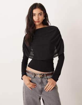 ASOS DESIGN - Langärmliges Oberteil in Schwarz mit Cape-Detail