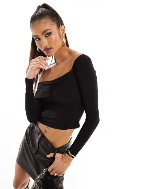 ASOS DESIGN – Langärmliges Oberteil in Schwarz mit Carmen-Ausschnitt  