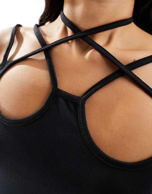 ASOS DESIGN – Langärmliges Oberteil in Schwarz mit Riemchen-Design und Zierausschnitt an den Schultern, 3 von 4