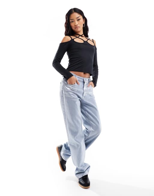 ASOS DESIGN – Langärmliges Oberteil in Schwarz mit Riemchen-Design und Zierausschnitt an den Schultern, 4 von 4