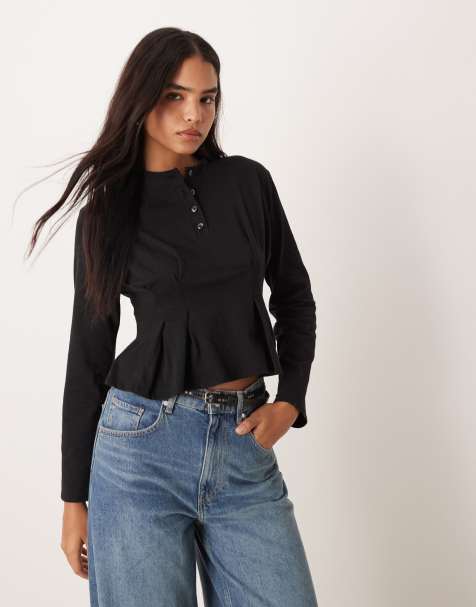 ASOS DESIGN – Langärmliges Oberteil in Weiß mit Zierfalten an der Taille - view 1