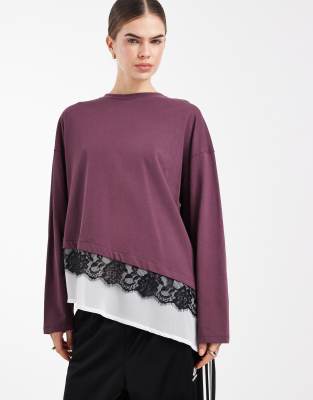 ASOS DESIGN - Langärmliges Oberteil mit Chiffon-Unterlage und Spitzenbesatz am Oberteil-Bunt