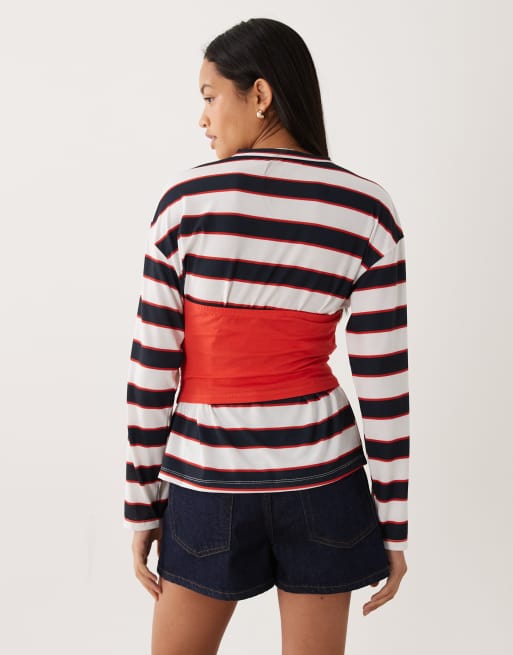ASOS DESIGN – Langärmliges Oberteil mit farblich abgesetztem, trägerlosen Overlay in Blau gestreift, 4 von 4