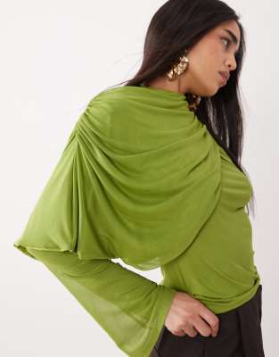ASOS DESIGN - Langärmliges Overlay-Oberteil aus Netzstoff in Grün mit drapiertem Ausschnitt