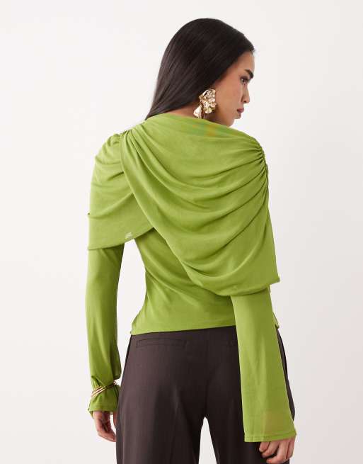ASOS DESIGN – Langärmliges Overlay-Oberteil aus Netzstoff in Grün mit drapiertem Ausschnitt, 4 von 4