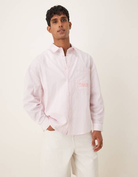ASOS DESIGN – Langärmliges Oversize-Hemd in Rosa gestreift mit Stickerei - view 1