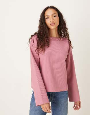 ASOS DESIGN - Langärmliges Oversize-Oberteil in Staubrosa mit Knopfdetails-Bunt