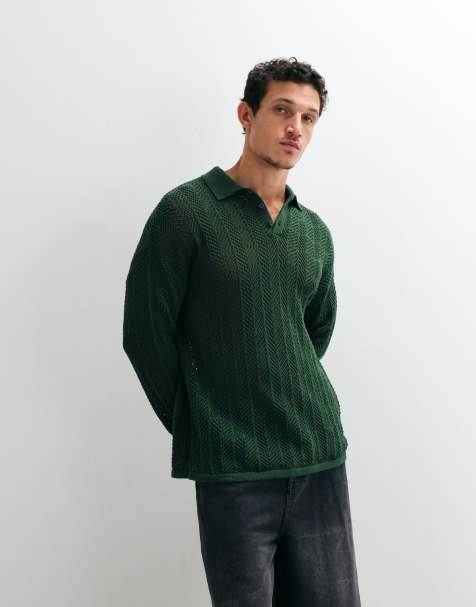 ASOS DESIGN – Langärmliges Oversize-Polohemd aus Häkelstrick in Khaki - view 1