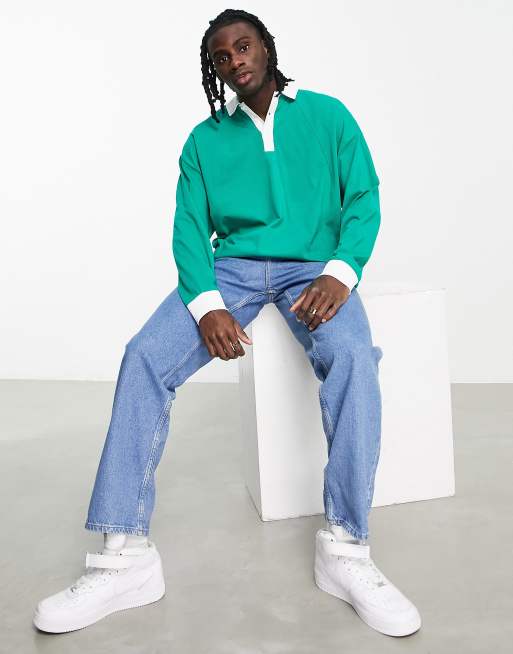 ASOS DESIGN – Langärmliges Oversize-Polohemd in Grün mit weißen Kontrasteinsätzen 