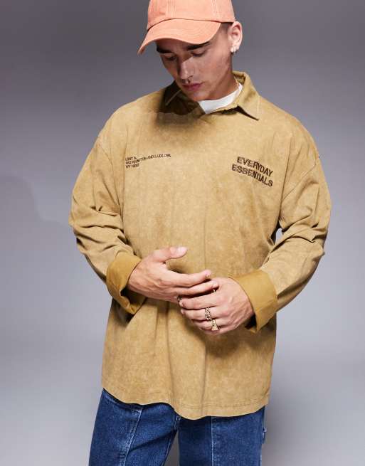 ASOS DESIGN – Langärmliges Oversize-Polohemd in verwaschenem Khaki mit Stickerei auf der Brust, 220 g/m²