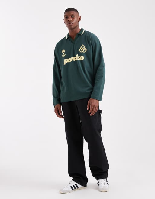 ASOS DESIGN – Langärmliges Oversize-Polohemd mit „Paraiso”-Grafik in Dunkelgrün , 2 von 5