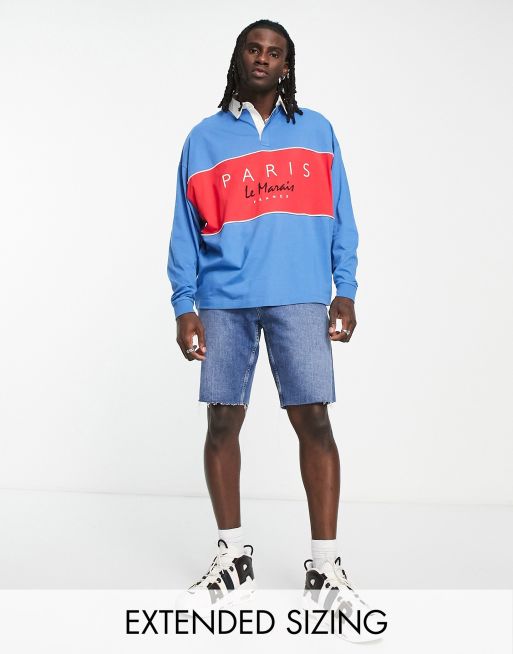 ASOS DESIGN – Langärmliges Oversize-Rugby-Polohemd mit Frankreich-Print und Farbblock-Design in Blau und Rot 