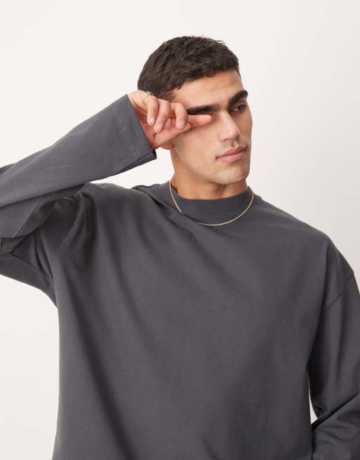ASOS DESIGN – Langärmliges Oversize-Shirt aus hochwertigem, 300 g/m² schwerem Material in Anthrazit