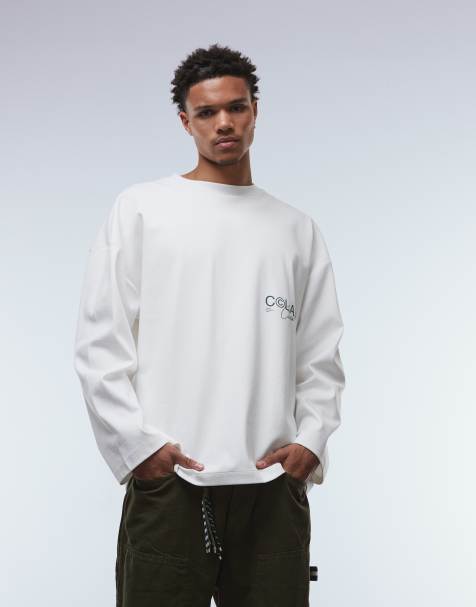 ASOS DESIGN – Langärmliges Oversize-Shirt aus hochwertigem, superschwerem Material in Weiß mit überschnittener Schulter und Text-Grafikprint - view 1