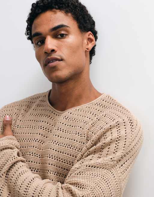 ASOS DESIGN – Langärmliges Oversize-Shirt aus Rippstrick in meliertem Steinbeige, 3 von 5
