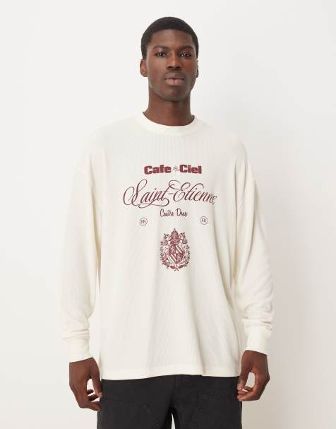 ASOS DESIGN – Langärmliges Oversize-Shirt aus schwerem Stoff in Wollweiß mit Waffelstruktur und Textprint - view 1