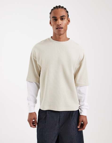 ASOS DESIGN – Langärmliges Oversize-Shirt in Beige mit Waffelstruktur - view 1