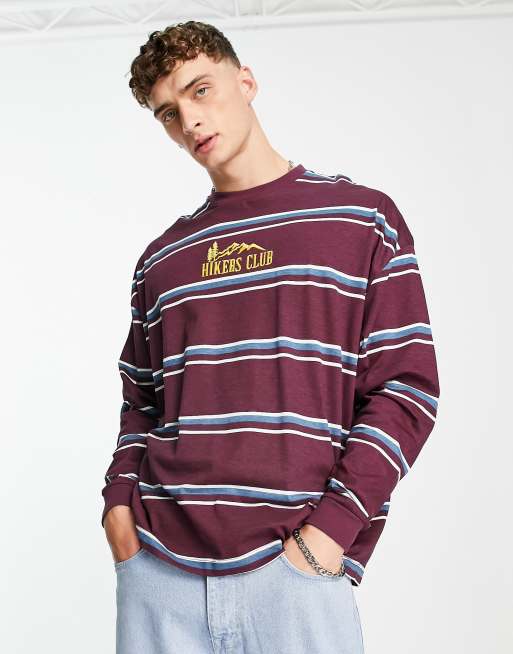 ASOS DESIGN – Langärmliges Oversize-Shirt in Burgunderrot mit Berg-Print auf der Brust