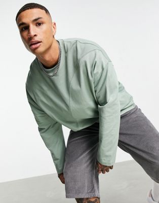 ASOS DESIGN – Langärmliges Oversize-Shirt in Khaki mit Cut-&Sew-Einsätzen-Grün