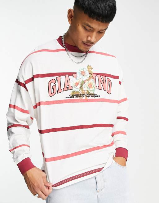 ASOS DESIGN – Langärmliges Oversize-Shirt in Rot & Weiß mit Print vorne