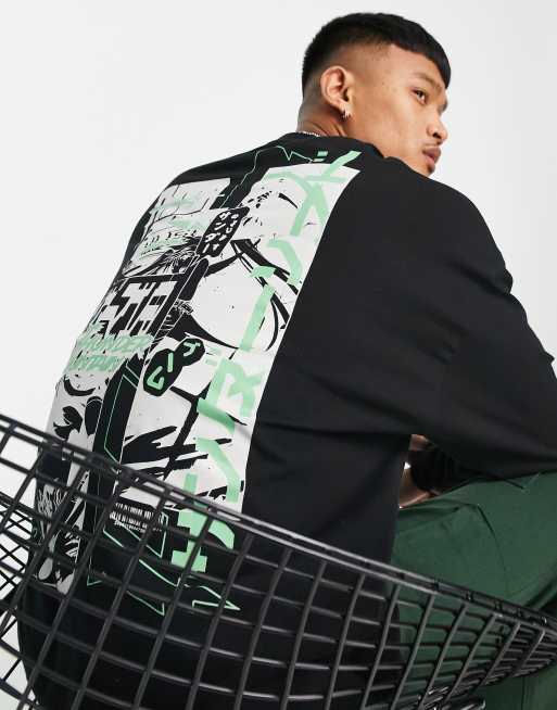 ASOS DESIGN – Langärmliges Oversize-Shirt in Schwarz mit Anime-Comicprint auf dem Rücken, 2 von 4