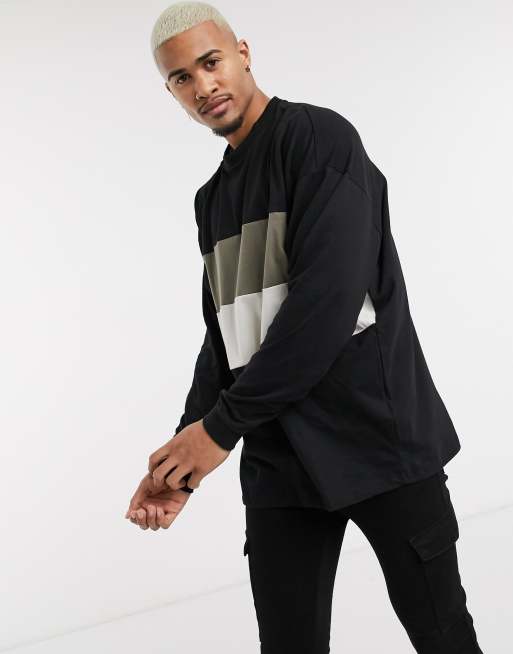 ASOS DESIGN – Langärmliges Oversize-Shirt in Schwarz mit Blockfarbendetail und langem Schnitt 