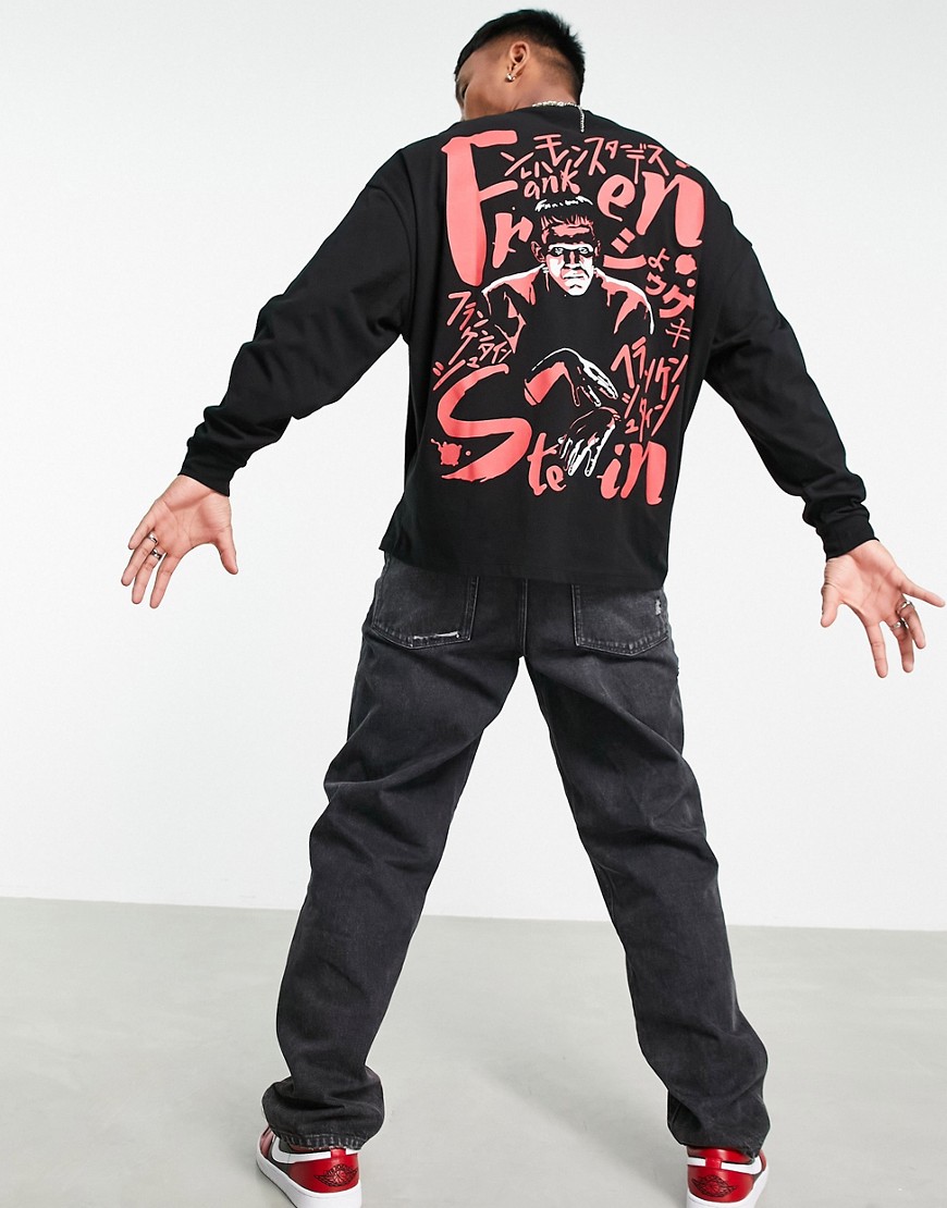 ASOS DESIGN – Langärmliges Oversize-Shirt in Schwarz mit „Frankenstein“-Print