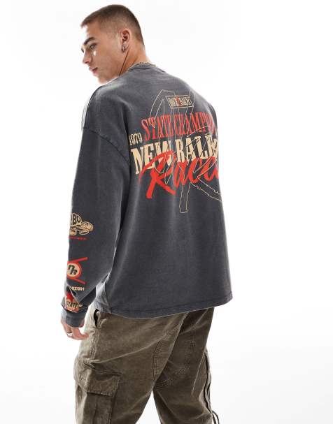 ASOS DESIGN – Langärmliges Oversize-Shirt in verwaschenem Schwarz mit Racing-Print auf Brust und Rücken - view 1