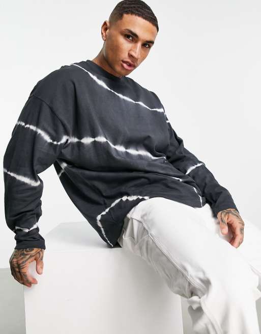 ASOS DESIGN – Langärmliges Oversize-Shirt mit Batikmuster in Schwarz und Weiß