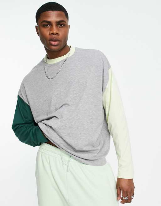 Asos Design Langärmliges Oversize Shirt Mit Farbblockdesign In Grün