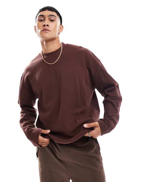 ASOS DESIGN – Langärmliges Oversize-T-Shirt in Dunkelbraun mit Struktur und Seitenschlitzen - view 1