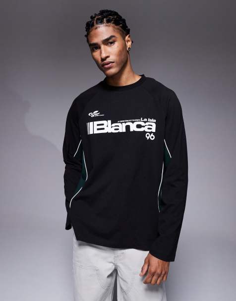 ASOS DESIGN – Langärmliges Oversize-T-Shirt in Schwarz mit abgesetzten Bahnen und Grafik - view 1