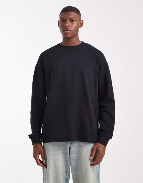 ASOS DESIGN – Langärmliges Oversize-T-Shirt in Schwarz mit Waffelstruktur - view 1