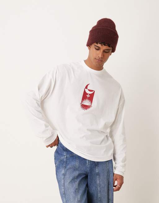 ASOS DESIGN – Langärmliges Oversize-T-Shirt in Weiß mit Himmelskörper-Print vorne