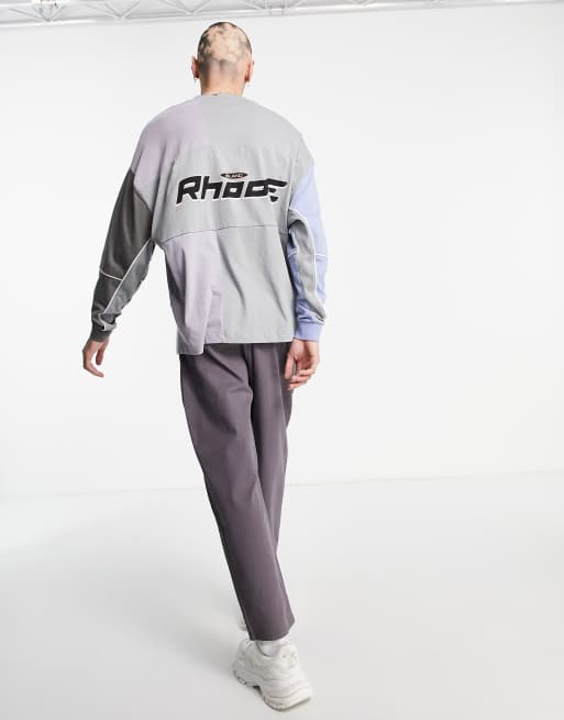 ASOS DESIGN – Langärmliges Oversize-T-Shirt mit Farbblock-Desing in Grau und Blau mit Rhode Island-Print