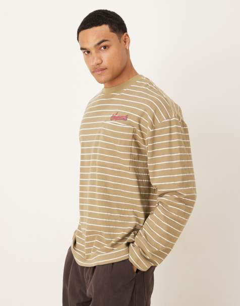 ASOS DESIGN – Langärmliges Oversize-T-Shirt mit in Grün gestreift mit Tasche und Stickerei - view 1
