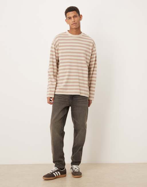 ASOS DESIGN – Langärmliges Oversize-T-Shirt mit Streifen in Mokka und Beige, 2 von 5