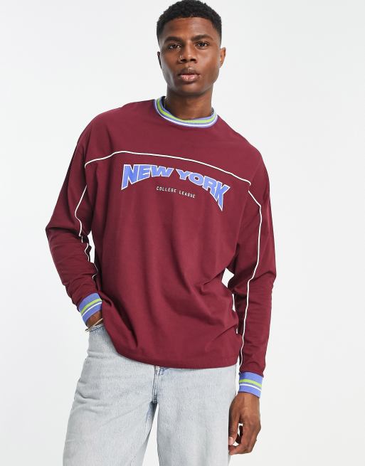 ASOS DESIGN – Langärmliges Oversized-Shirt in Burgunder mit „New York”-Stadtprint