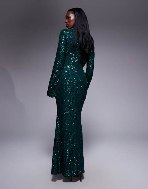 ASOS DESIGN – Langärmliges Pailletten-Maxikleid in Smaragdgrün mit gewickelter Vorderseite, 3 von 4