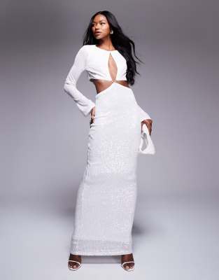 ASOS DESIGN - Langärmliges Pailletten-Maxikleid in Weiß mit Wickeldetail und Schlüssellochausschnitt