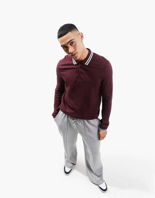 ASOS DESIGN – Langärmliges Pikee-Polohemd in Burgund mit Zierstreifen
