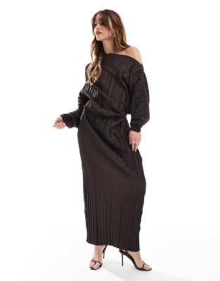ASOS DESIGN - Langärmliges Plissee-Midikleid in Schokobraun mit abfallender Schulterpartie